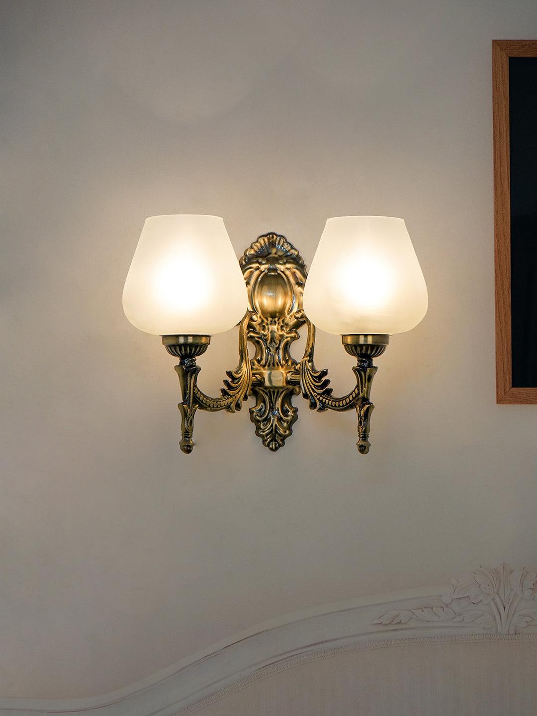 Antique Brass Finish 11 Inch 2-Light Steel Wall Lamp With Plain Frosted Goblet Glass Shades