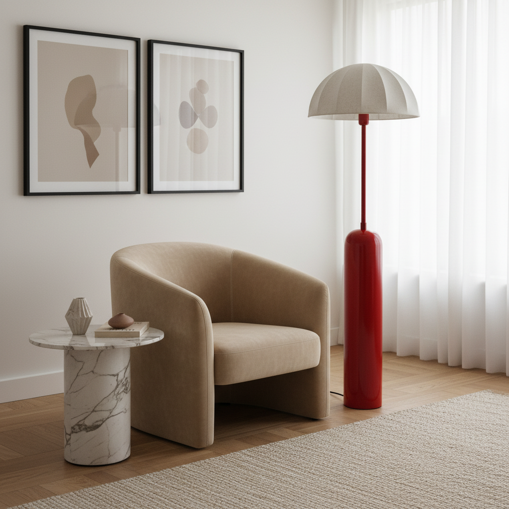 Poppins Floor Lamp | Cherry Red Modern Designer Standing Lamp with Fabric Shade