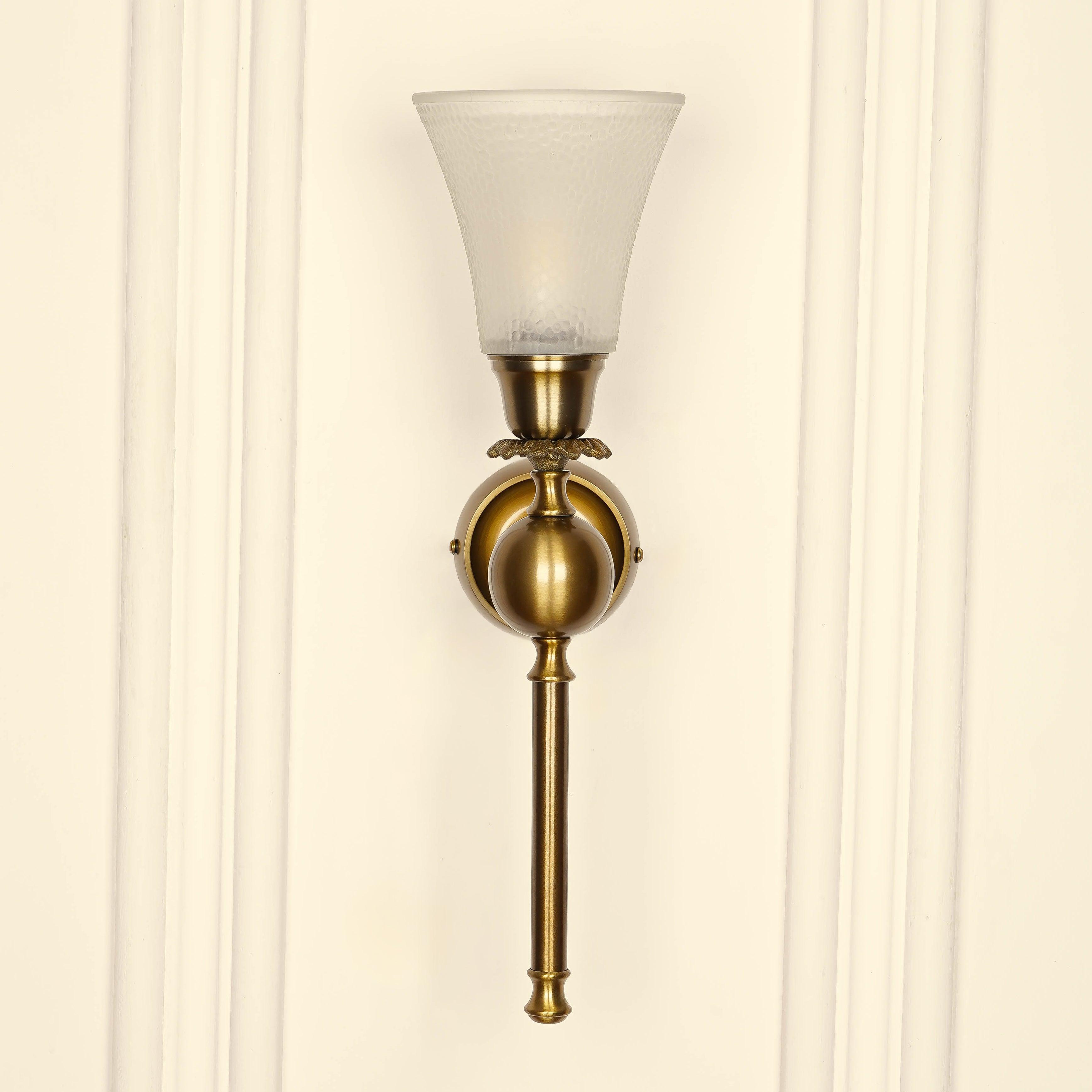 Brass Antique Finish Ball Wall Lamp with Frosted Hammered Glass Shade