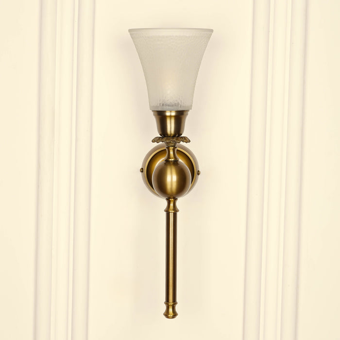 Brass Antique Finish Ball Wall Lamp with Frosted Hammered Glass Shade