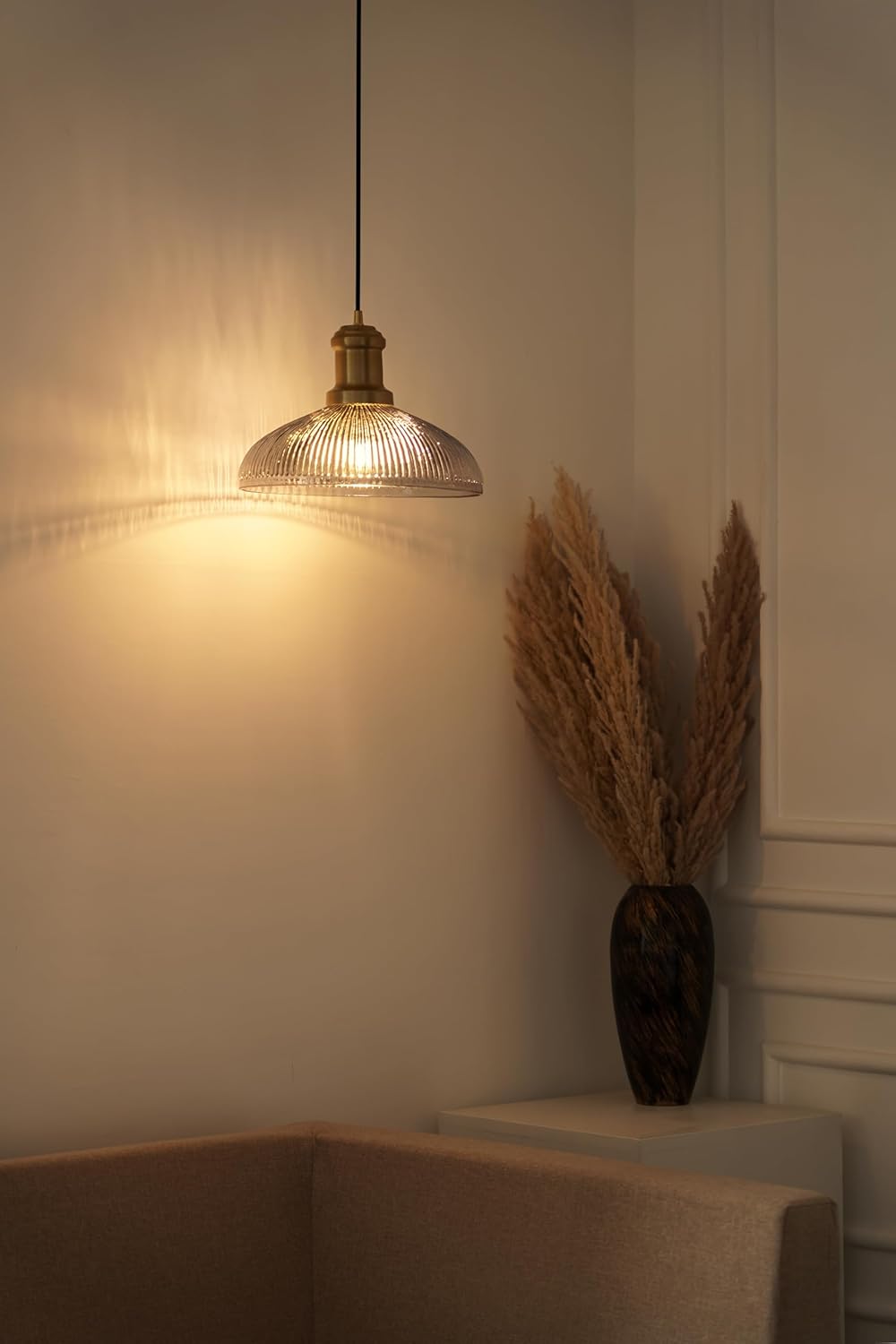 Ribbed Grey Luster Glass Pendant Light with Antique Brass Finish for Living Room, Bedroom, Kitchen and Dining