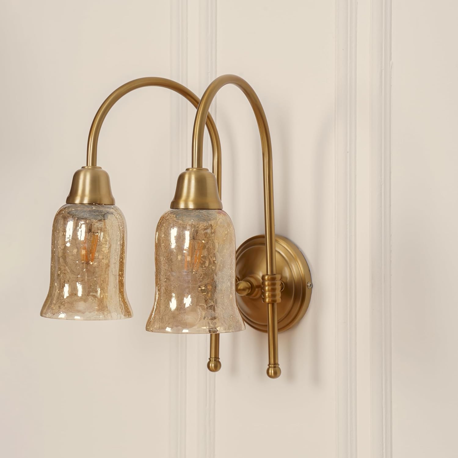 Double Hockey Wall Lamp Antique Brass Finish with Chimney Crackled Glass Shade for Living Room, Bedroom and Home Decoration