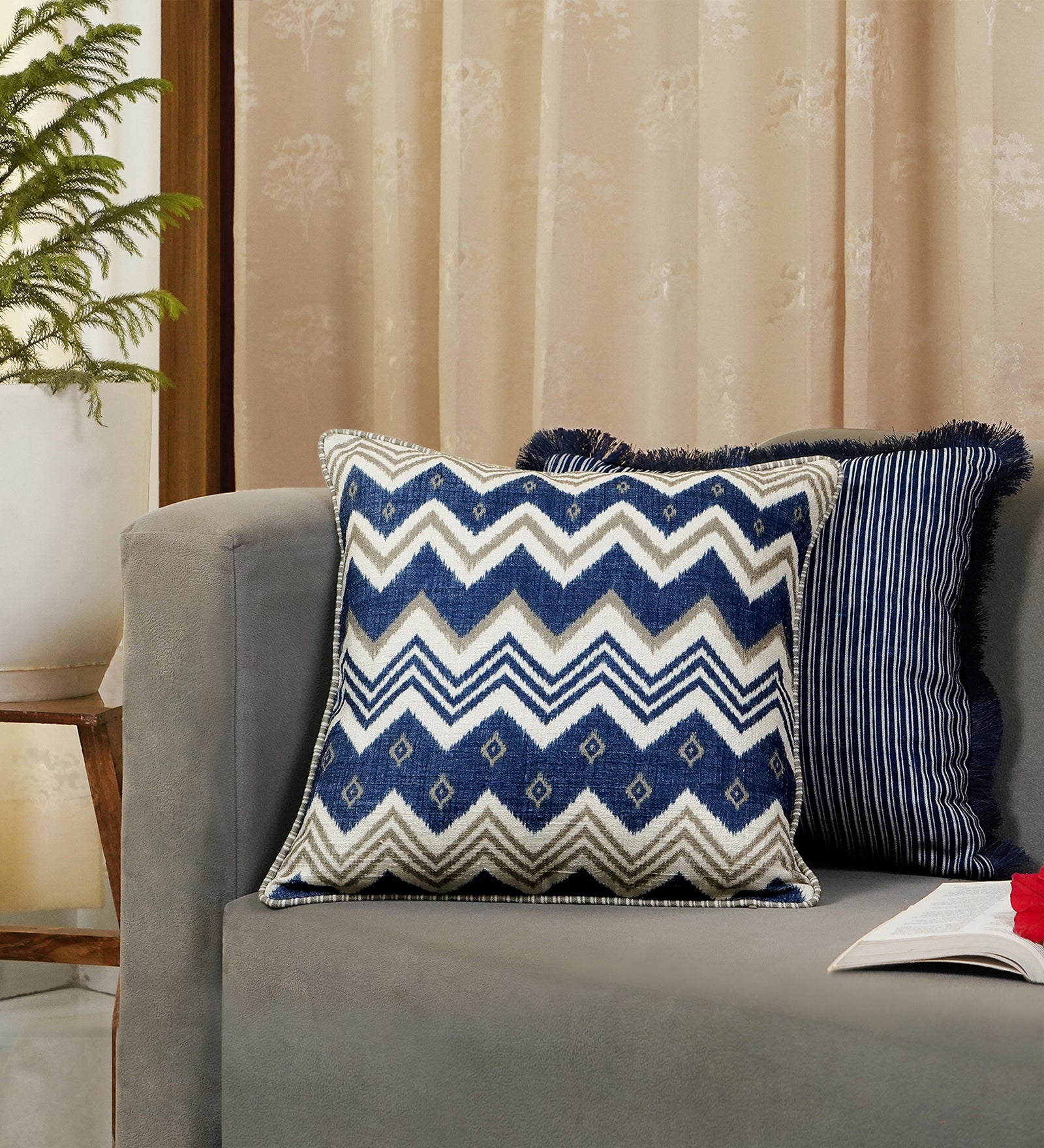 Ikat Lehar Cushion Cover - Blue & White, 18 x 18