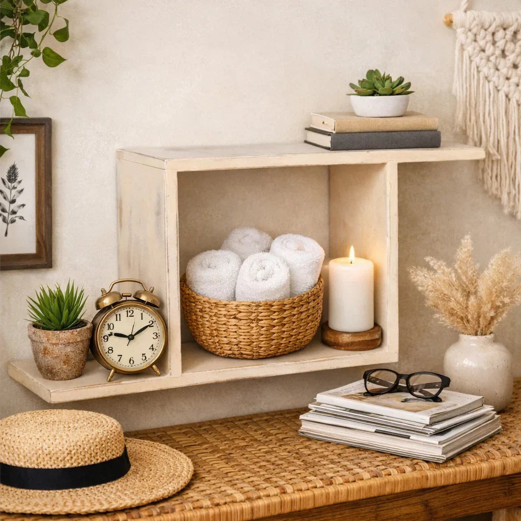 Rustic wooden wall shelf used for home decor styling, featuring rolled white towels in a woven basket, a lit candle, green plants and minimal accessories ideal for modern Indian interiors