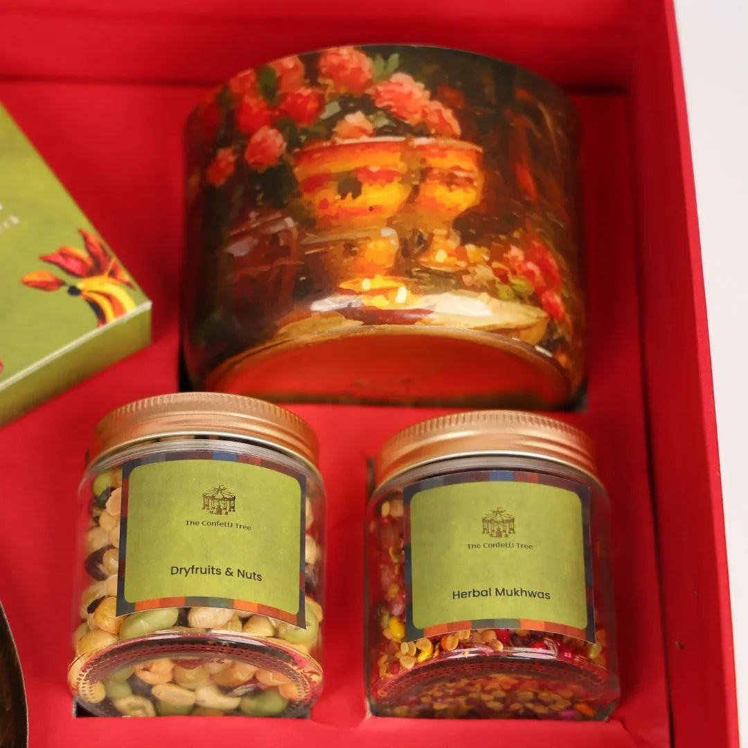 Luxury Diwali Gift Box with Brass Finish Platter, Soy Wax Candle, Dry Fruits, Mukhwas, Brass Tong & Designer Playing Cards