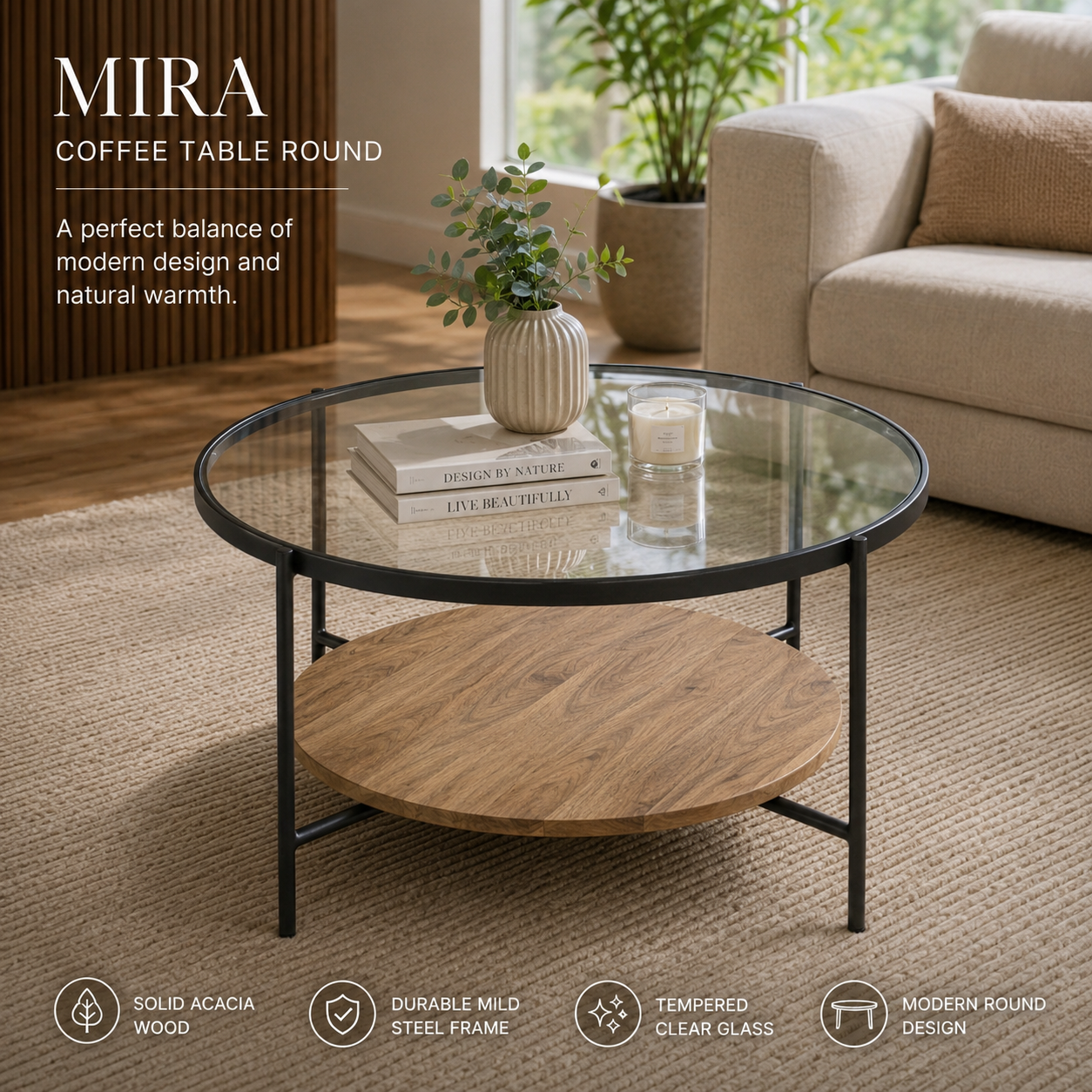 Mira Round Coffee Table | Glass & Wooden Center Table for Living Room | Tea Table