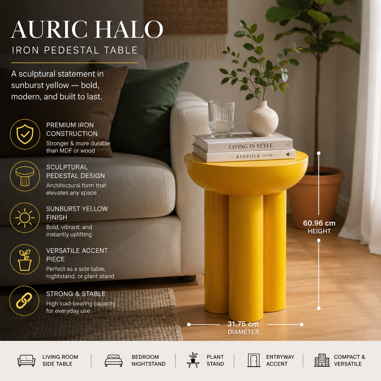 Auric Halo Sunburst Yellow Iron Pedestal Table – Modern Round Side Table