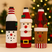 Christmas Wine Bottle Covers – Santa, Snowman & Reindeer Knitted Gift Wraps- Set of 2