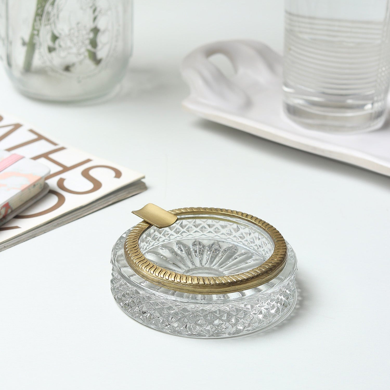 Luxury Crystal Ashtray with Brass Accent | Decorative Ashtray for Home Décor