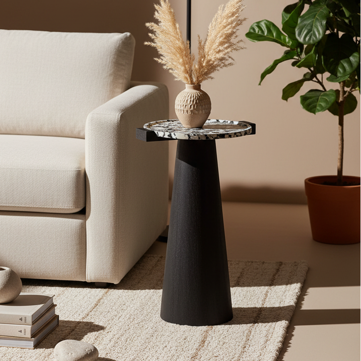 Metropia Sofa Side Table with Marble Top & Acacia Wood | Modern Accent Table for Living Room