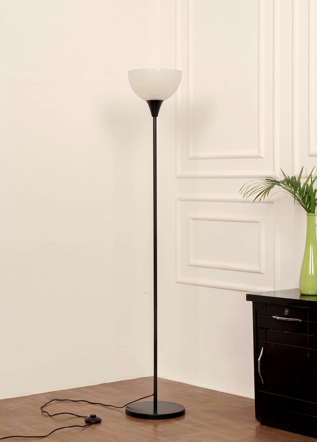 Uplighter Black Polished Floor Lamp for Living Room with Frosted Glass Lampshade