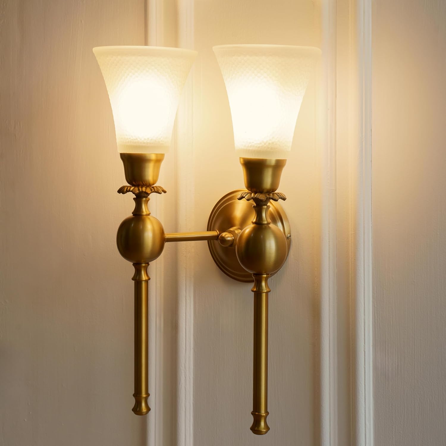 Double Ball Wall Lamp Antique Brass Finish with Frosted Hammered Glass Shade for Living Room, Bedroom and Home Decoration