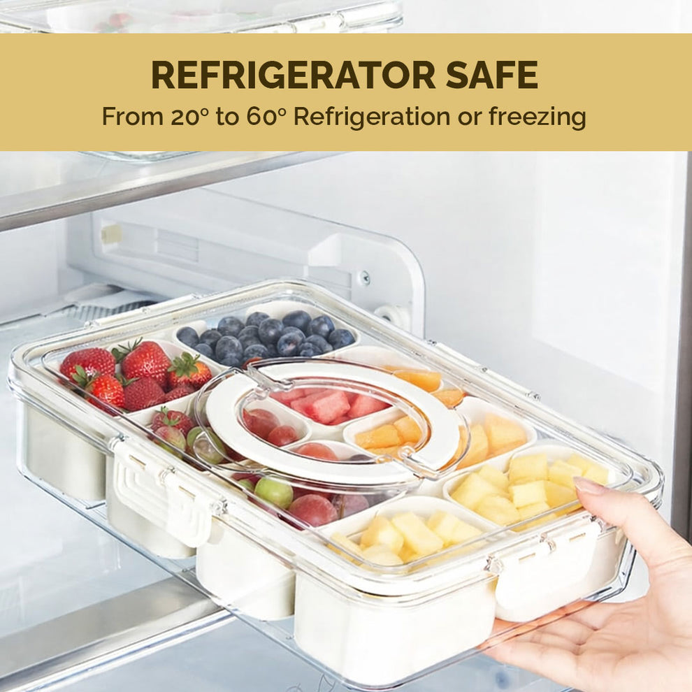 Divided Fridge Storage Boxes With 8 Serving Veggie Tray with Lid and Handle, Fridge Organizer with Removable 8 Compartment, Fridge Storage Containers (8 Compartment-1PC)