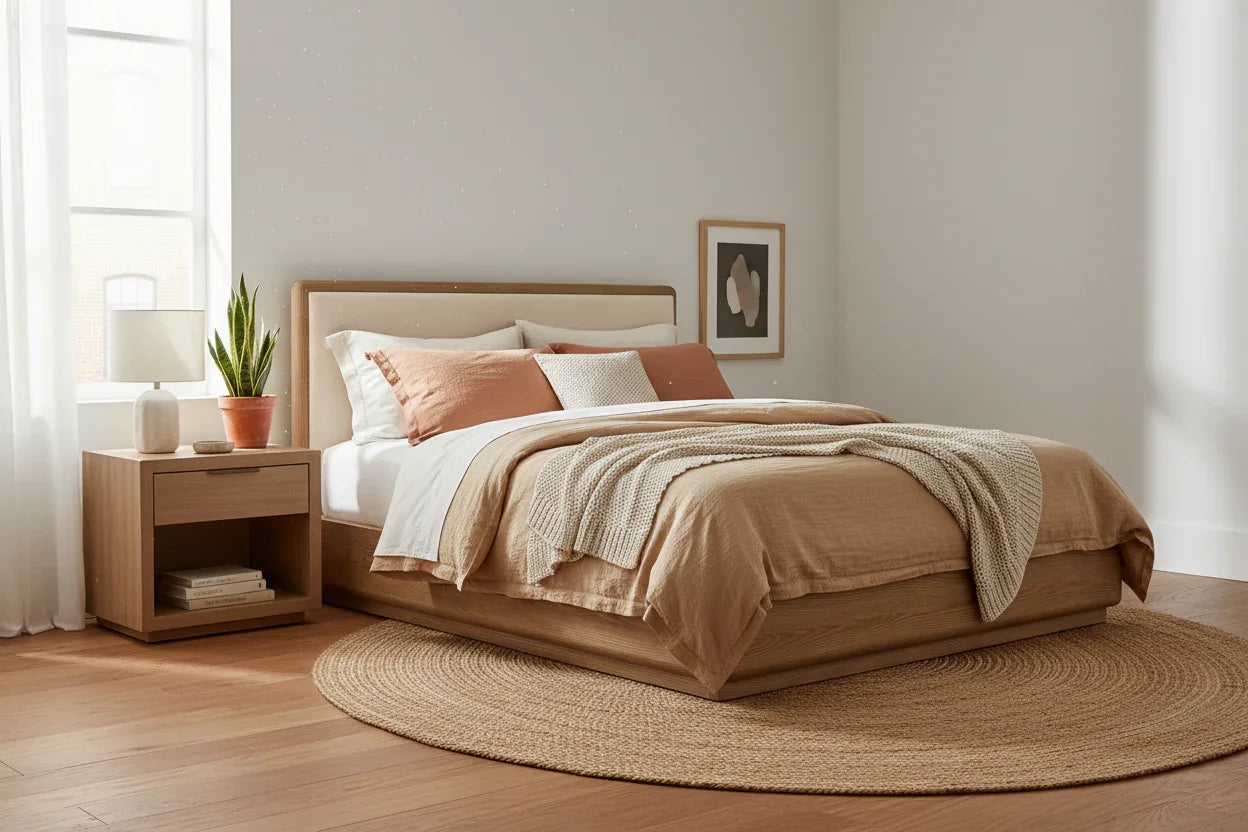 Zafira Solid Ash Wood And Fabric Upholstered King Size Bed