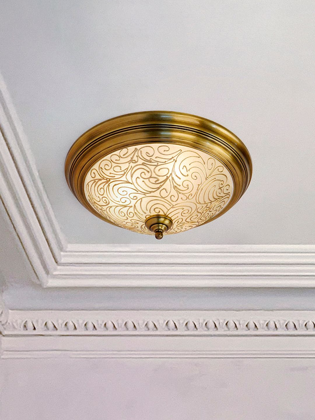 Antique Brass Flush Ceiling Light with
  Hand-Painted Frosted Glass