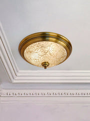 Antique Brass Flush Ceiling Light with
  Hand-Painted Frosted Glass