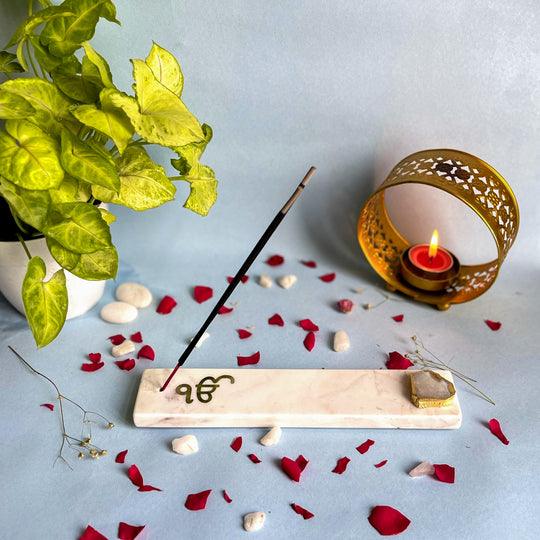 Marble with Agate Ik Onkar Agarbatti Stand | Incense Holder