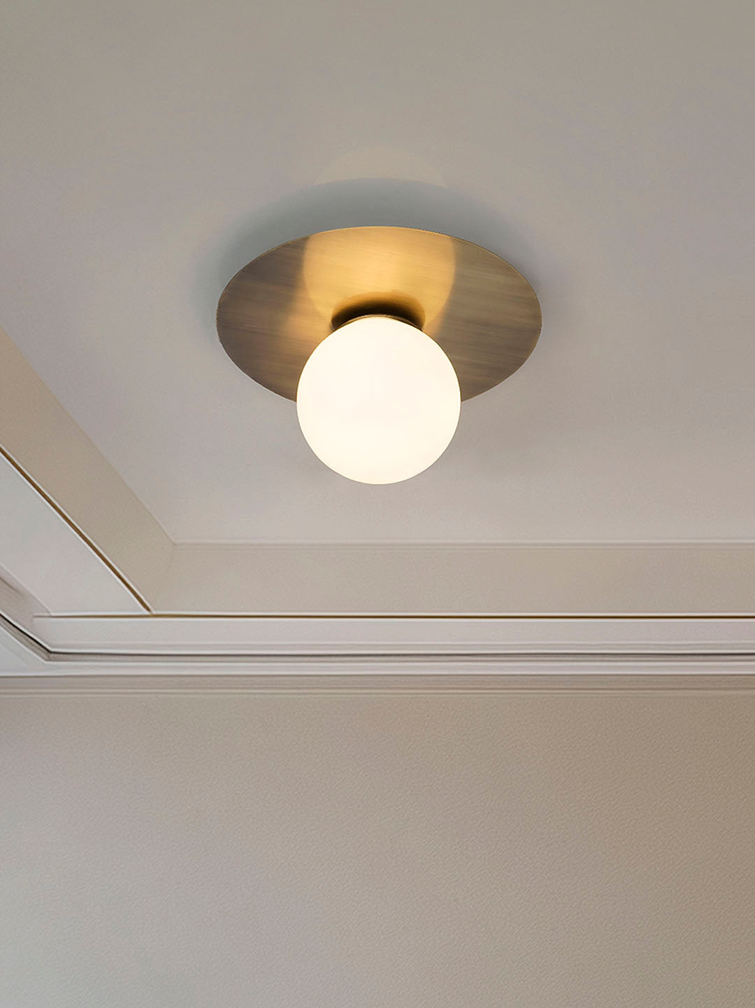 Modern Antique Brass Disc Ceiling or Wall Light with Frosted Globe