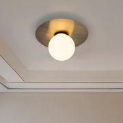 Modern Antique Brass Disc Ceiling or Wall Light with Frosted Globe