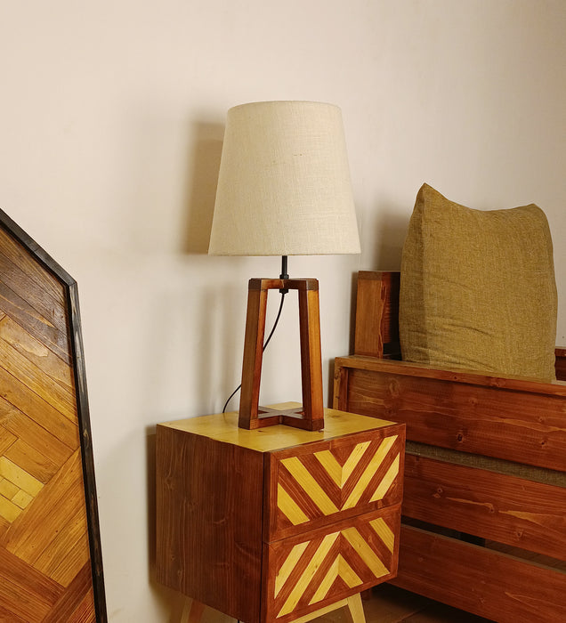 Blender Brown Wooden Table Lamp with White Fabric Lampshade