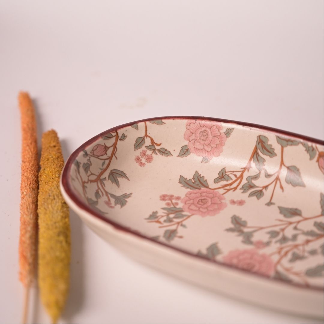 Stoneware Oval Tray with Peony Print & Brass Tong Set – Handcrafted Serveware for Snacks, Cookies & Festive Gifting