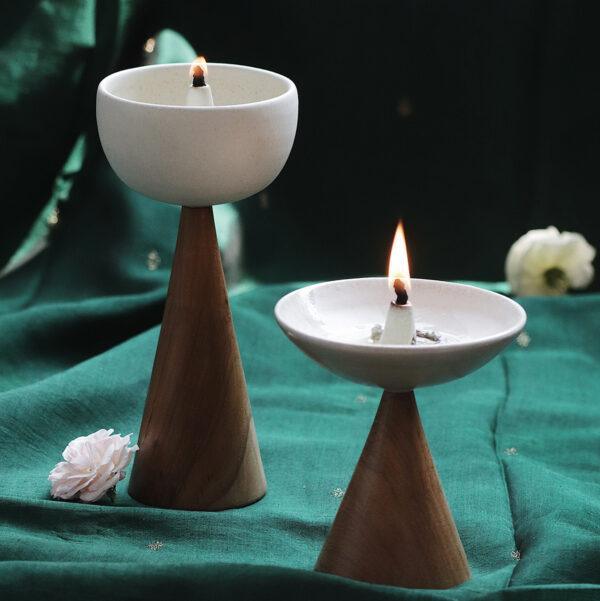 Urban Tweeter Oil Lamps Set | Stoneware and Hardwood Lamps for Dining & Home Decor