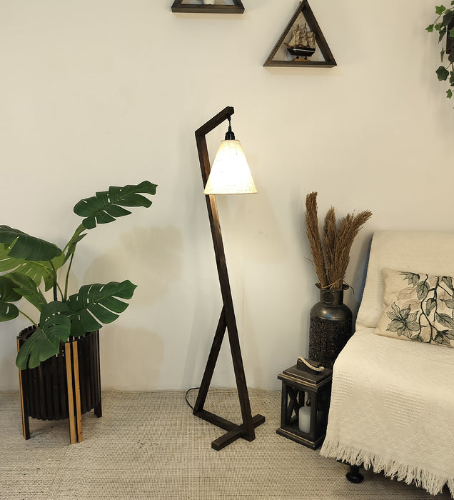 Zed Wooden Floor Lamp with Beige Fabric Lampshade