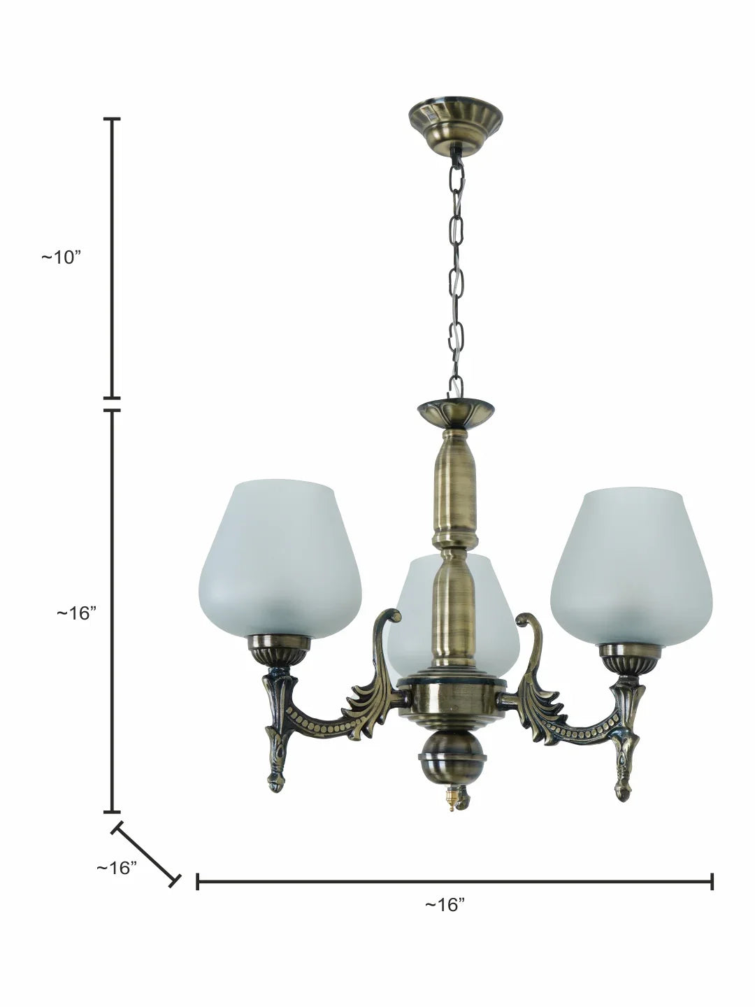 Antique Brass 16 Inch Wide Steel 3-Light Mini Ceiling Chandelier Hanging Light With Plain Frosted Goblet Glass Shades
