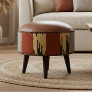 Mixed Leather & Durrie Footstool | Solid Wood Ottoman for Modern Homes