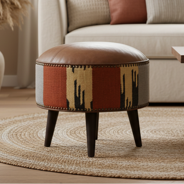 Mixed Leather & Durrie Footstool | Solid Wood Ottoman for Modern Homes