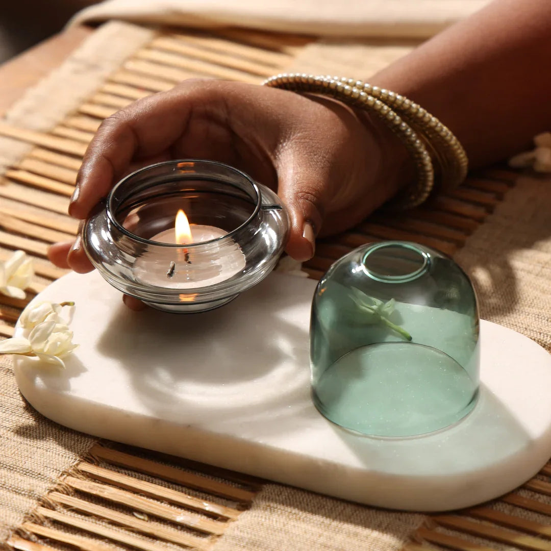 Muun Dome Tealight Holder | Borosilicate Glass Candle Holder Set in Amber & Teal Color - Set of 2