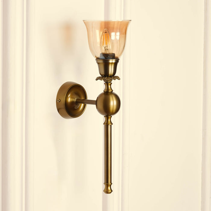 Brass Antique Finish Ball Wall Lamp with Cup Glass Golden Luster Shade