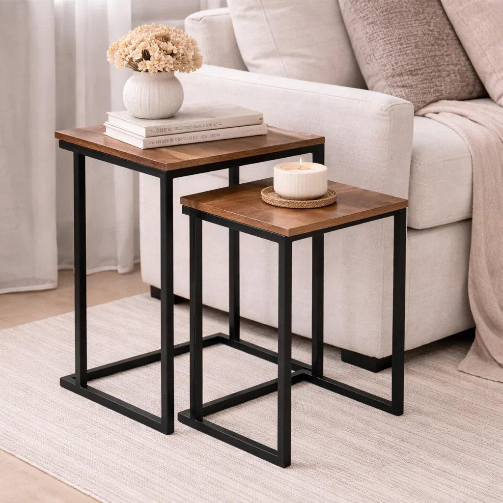 Wood & Black Metal Stool Set Of 2 Pieces | Side End Table For Living Room