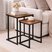 Wood & Black Metal Stool Set Of 2 Pieces | Side End Table For Living Room