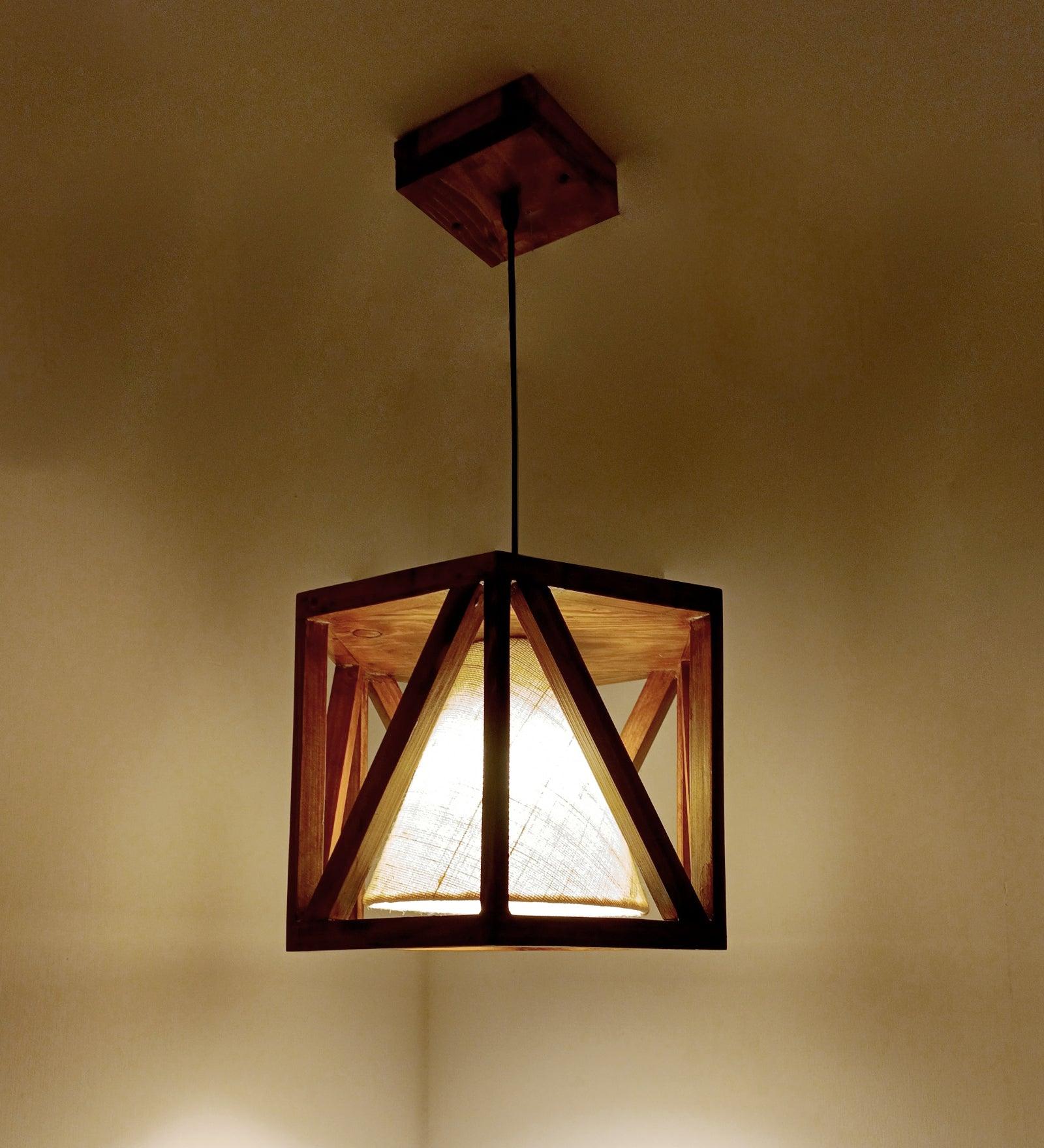 Symmetric Hexa Brown Wooden Single Hanging Lamp
