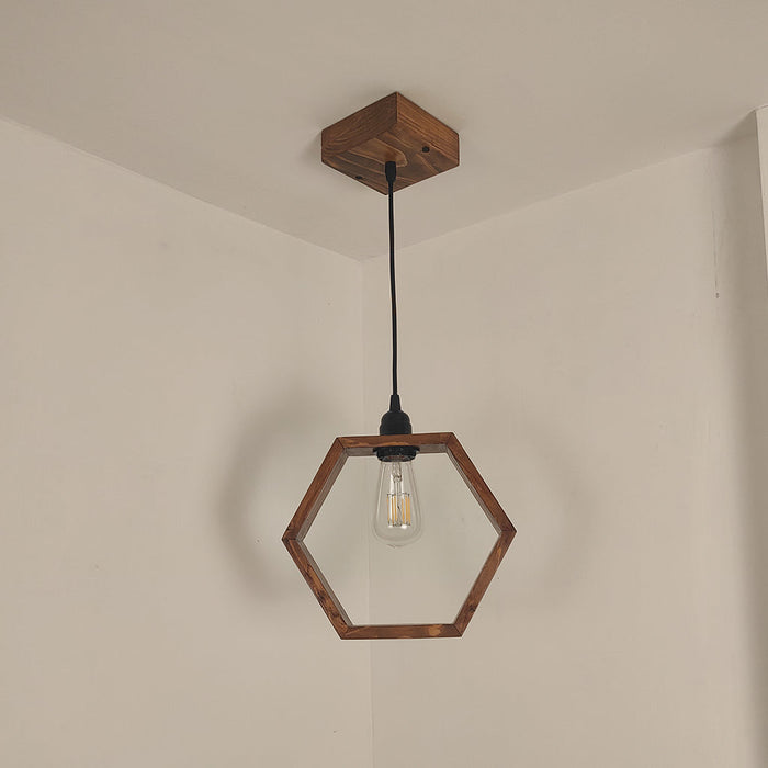 Hex Brown Wooden Single Hanging Light