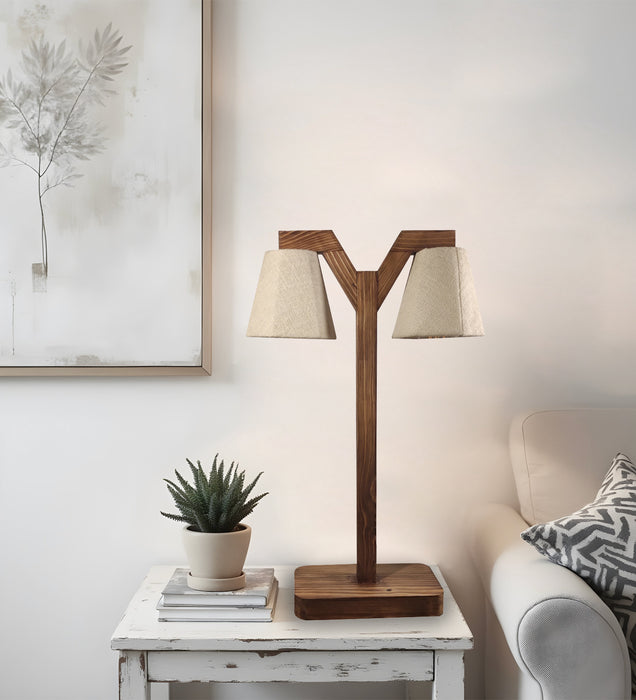 Elania Wooden Table Lamp with Brown Base and Premium White Fabric Lampshade