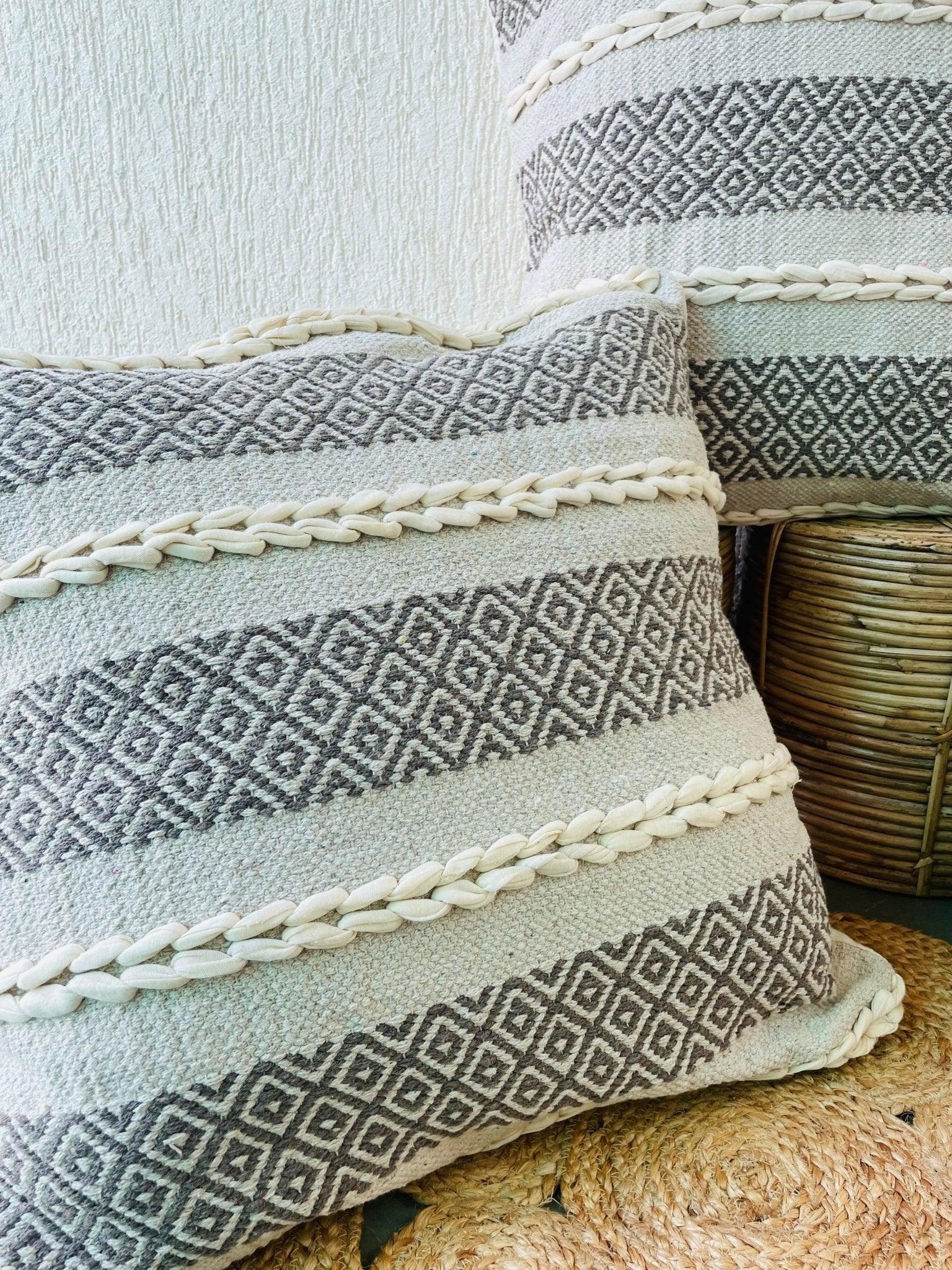 Bohemian Natural Cotton Cushion Covers - Grey and White