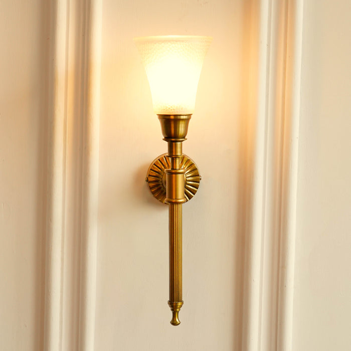 Brass Antique Finish Corrugated Wall Lamp with Frosted Hammered Glass Shade