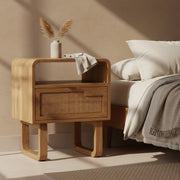 Tallin Rattan Bedside Table | Wooden Nightstand with Drawer & Open Storage