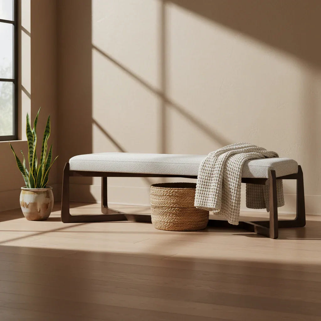 ROSHART Solid Teak Wood Upholstered Bench | Modern Wooden Entryway & Bedroom Bench