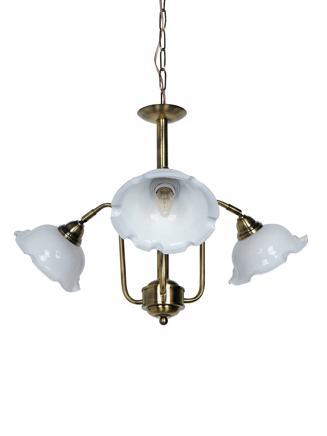 28-Inch Antique Brass 3-Light Adjustable Chandelier | Vintage Gooseneck Design with White Frilled Glass Shades