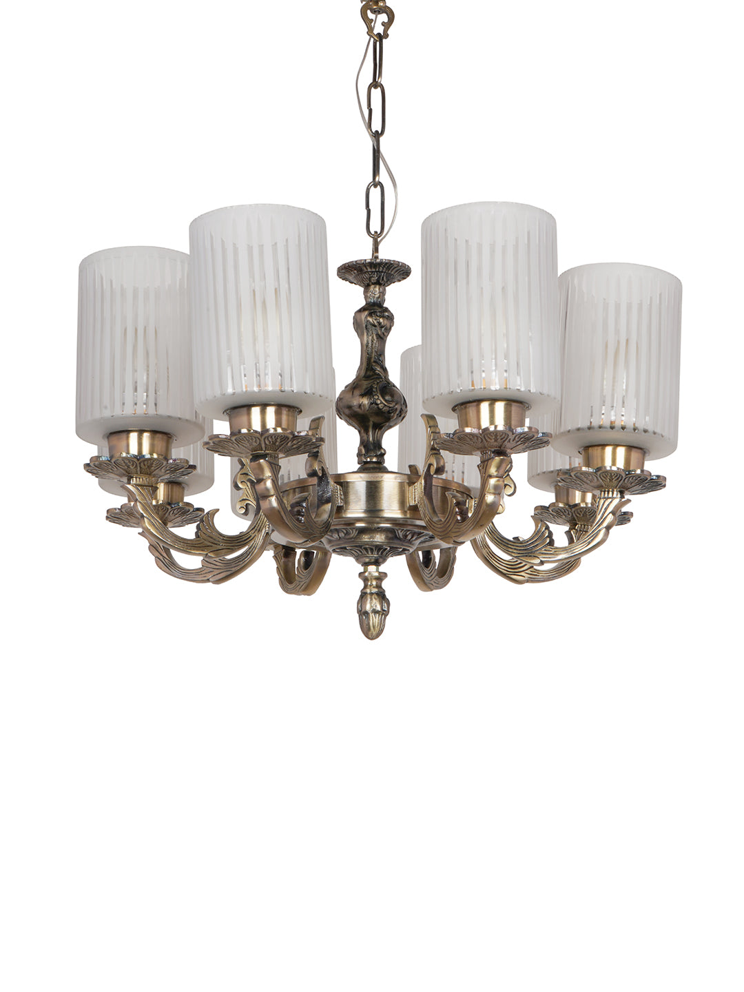 Classic 22 Inch Wide 8-Light Aluminium Ceiling Chandelier Hanging With Vertical Striped Cylindrical Glass Shades