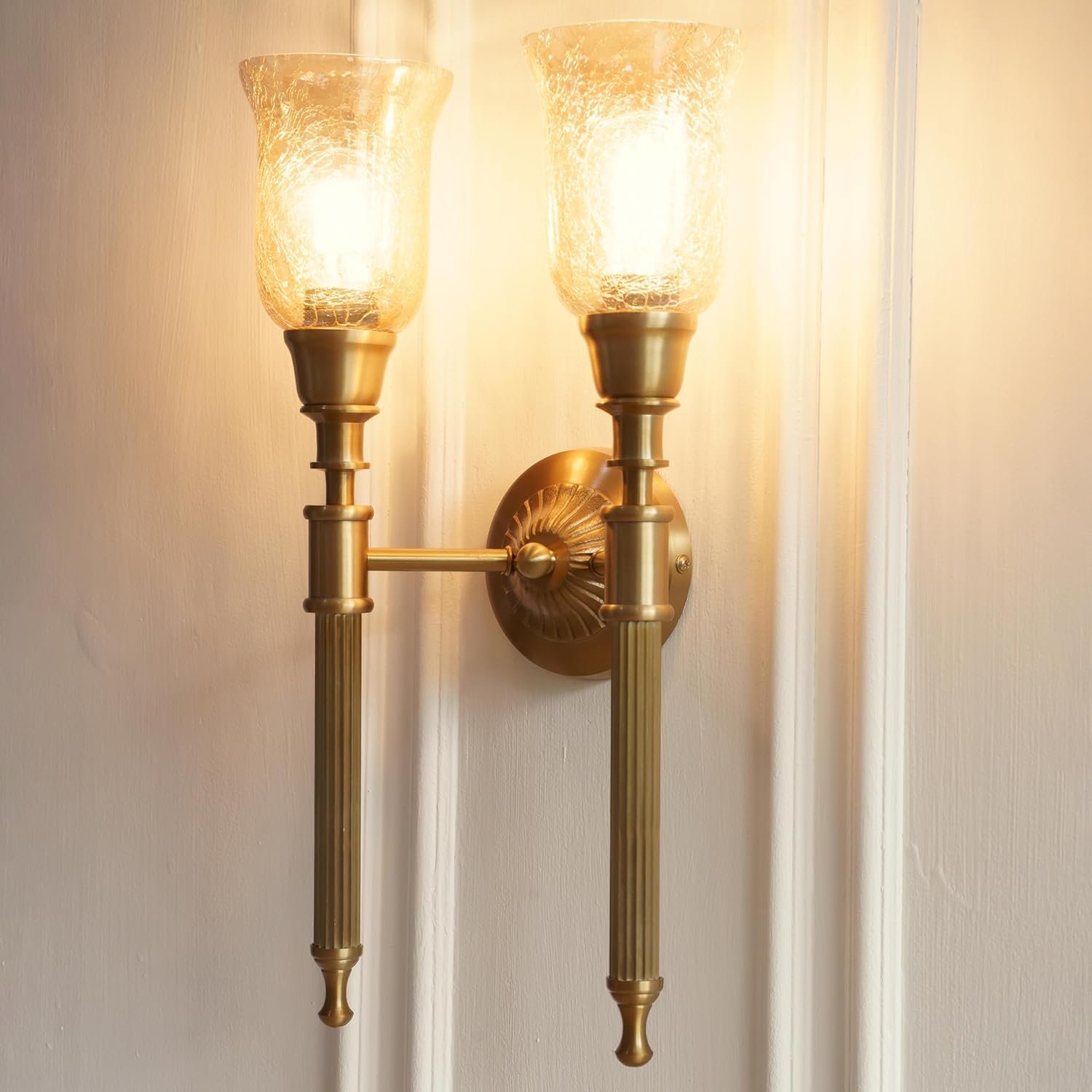 Double Corrugated Wall Lamp Antique Brass Finish with Chimney Crackled Glass Shade for Living Room, Bedroom, Home Decoration Wall Light