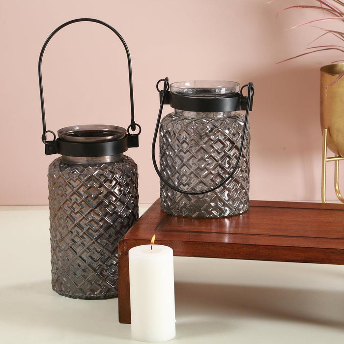 Roshni Patterned Glass Black Lustre Lantern Tall