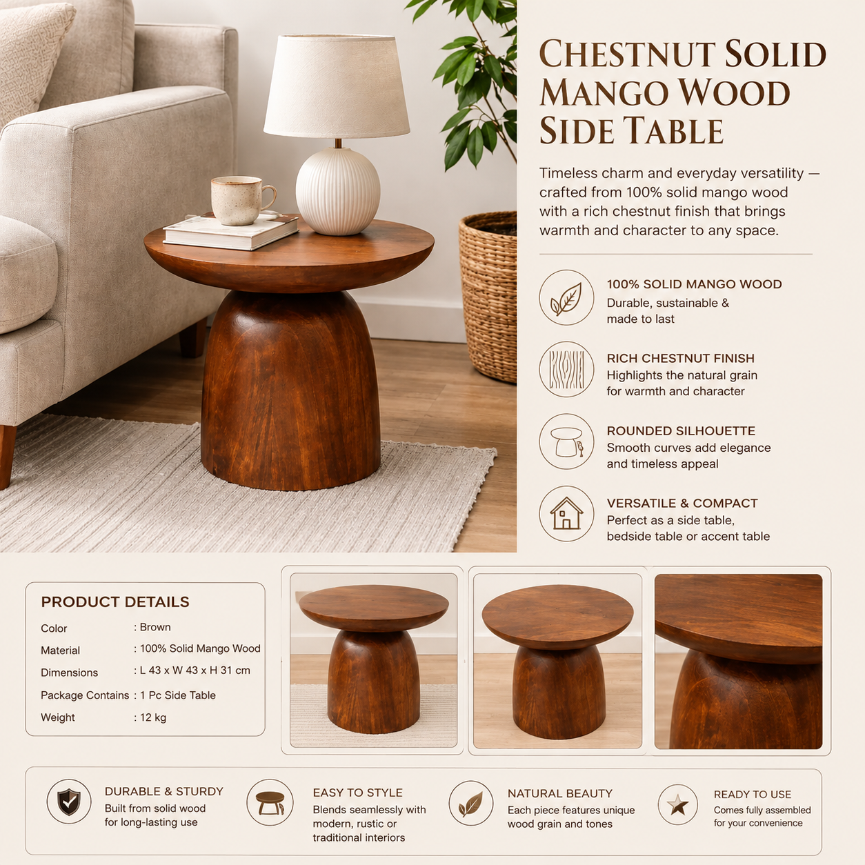 Chestnut Solid Mango Wood Side Table for Living Room & Bedroom | Rounded Wooden End Table