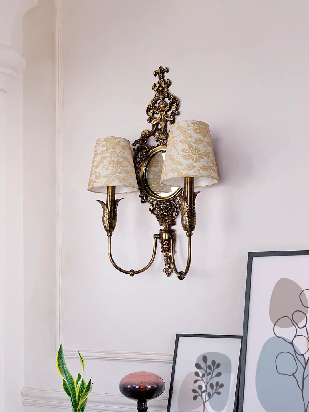 Opulent Antique Brass Wall Lamp with Mirror and Lace Shades