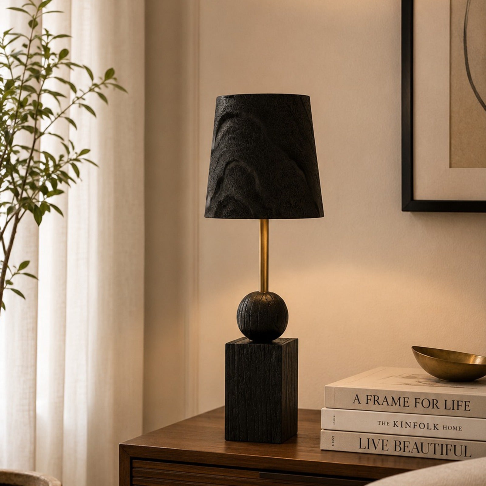 Ebony Modern Wooden Table Lamp for Living Room | Black Finish Night Lamp for Bedside, Study
