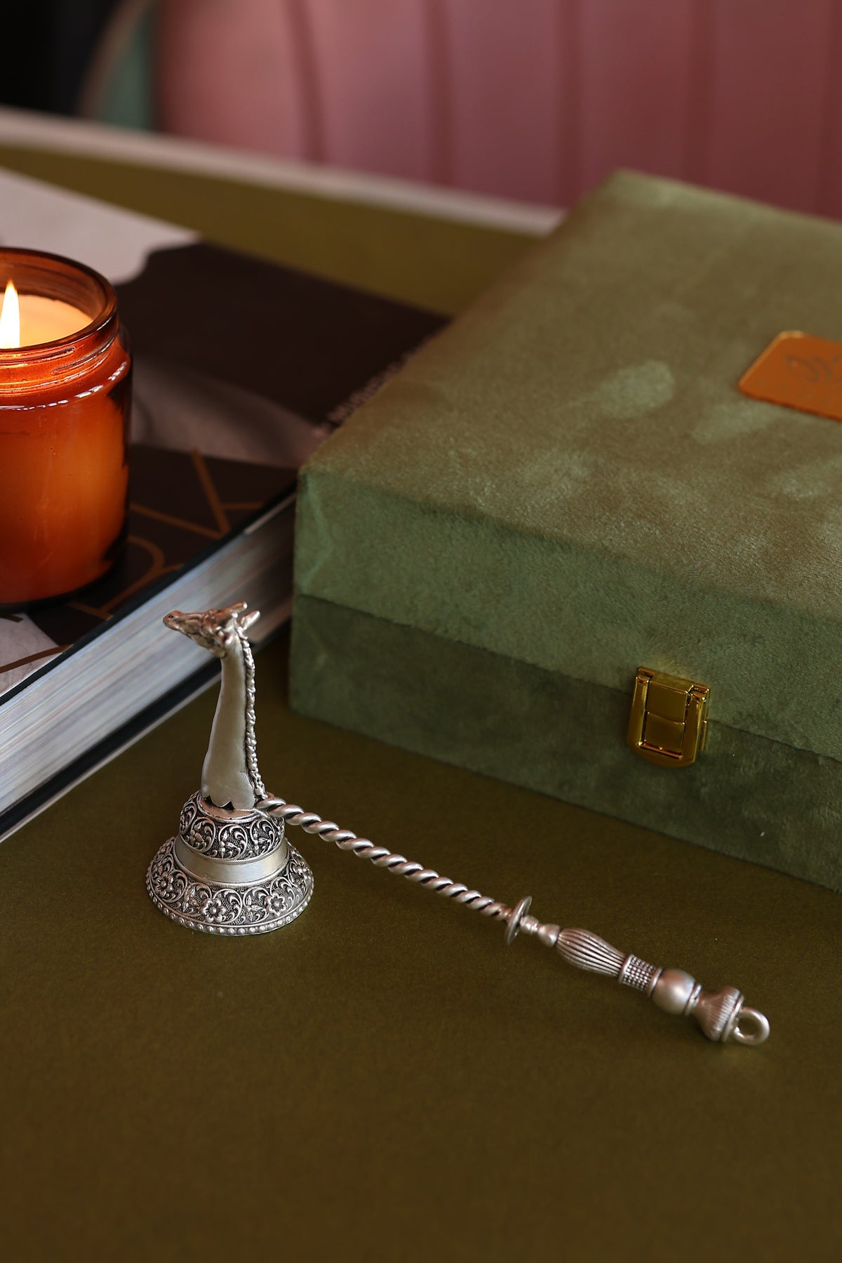 Pure Silver Plated Brass Giraffe Candle Snuffer Gift Set In Luxury Velvet Box