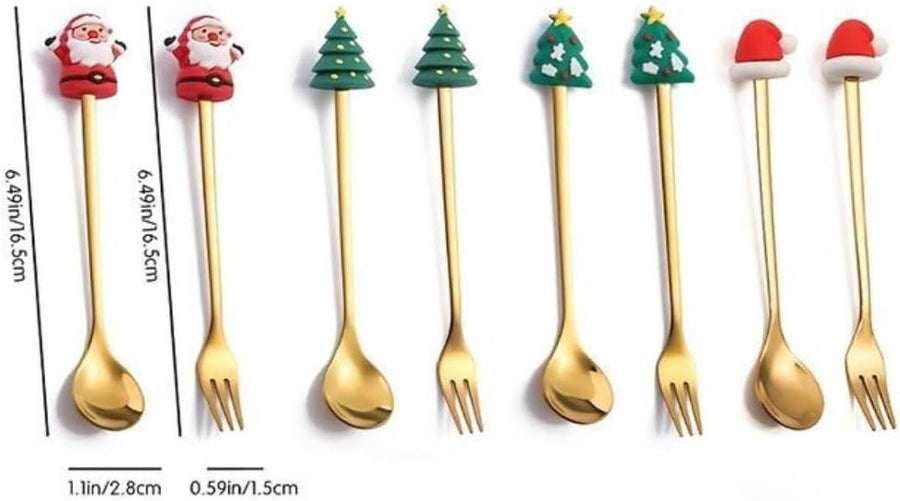 Christmas Folk And Spoon Gold Set | Premium Golden Dessert Spoon and Fork Set